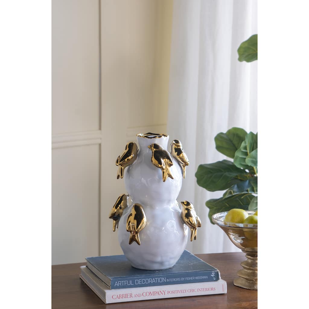 8.5x8.5x14" White Two-Tiered Ceramic Vase with Gold Bird Accents