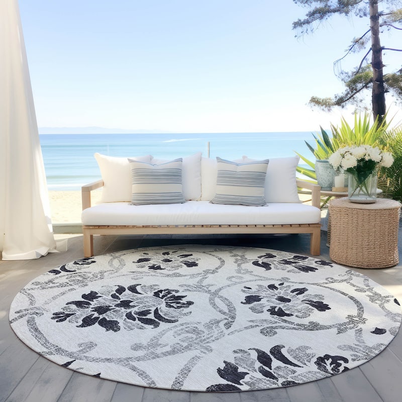 Machine Washable Indoor/ Outdoor Chantille Floral Scroll Rug - Black - 8' x 8'