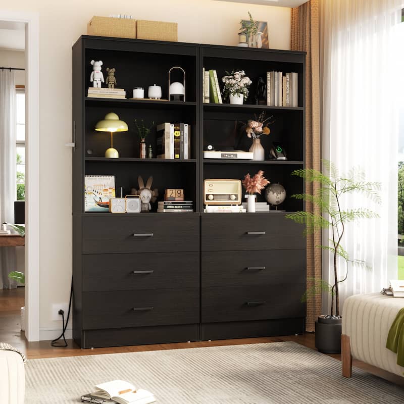 6-Tier 23.6'' Display Cabinet with Charging Station and Drawers, Bookcase Storage Shelf Kitchen Pantry