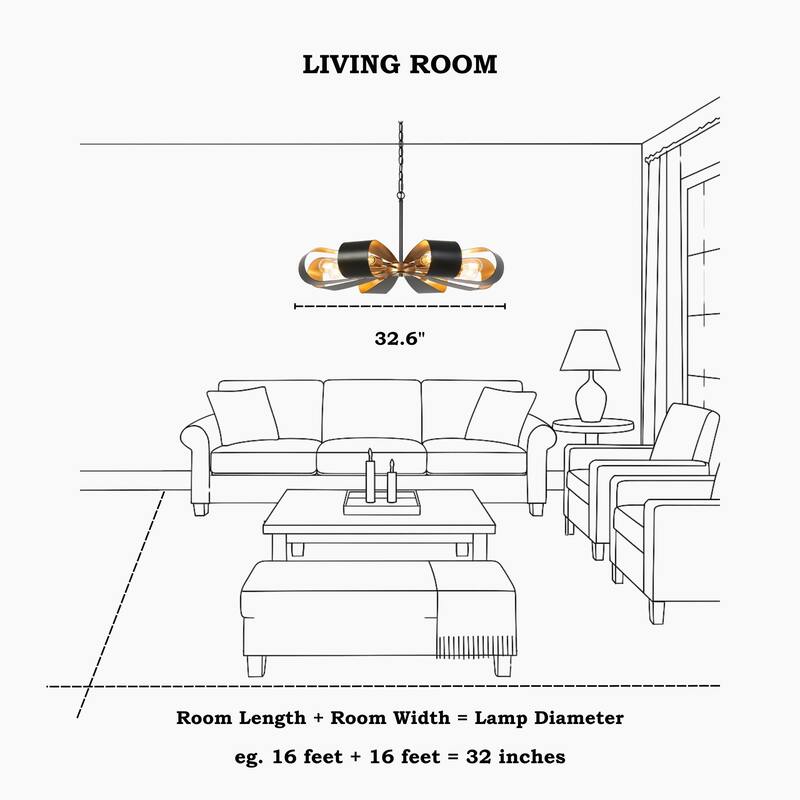 Modern Industrial 8-Light Chandelier Black Gold Floral Pendant Light for Living Room and Dining Room - 32.6 " × 15.8 "