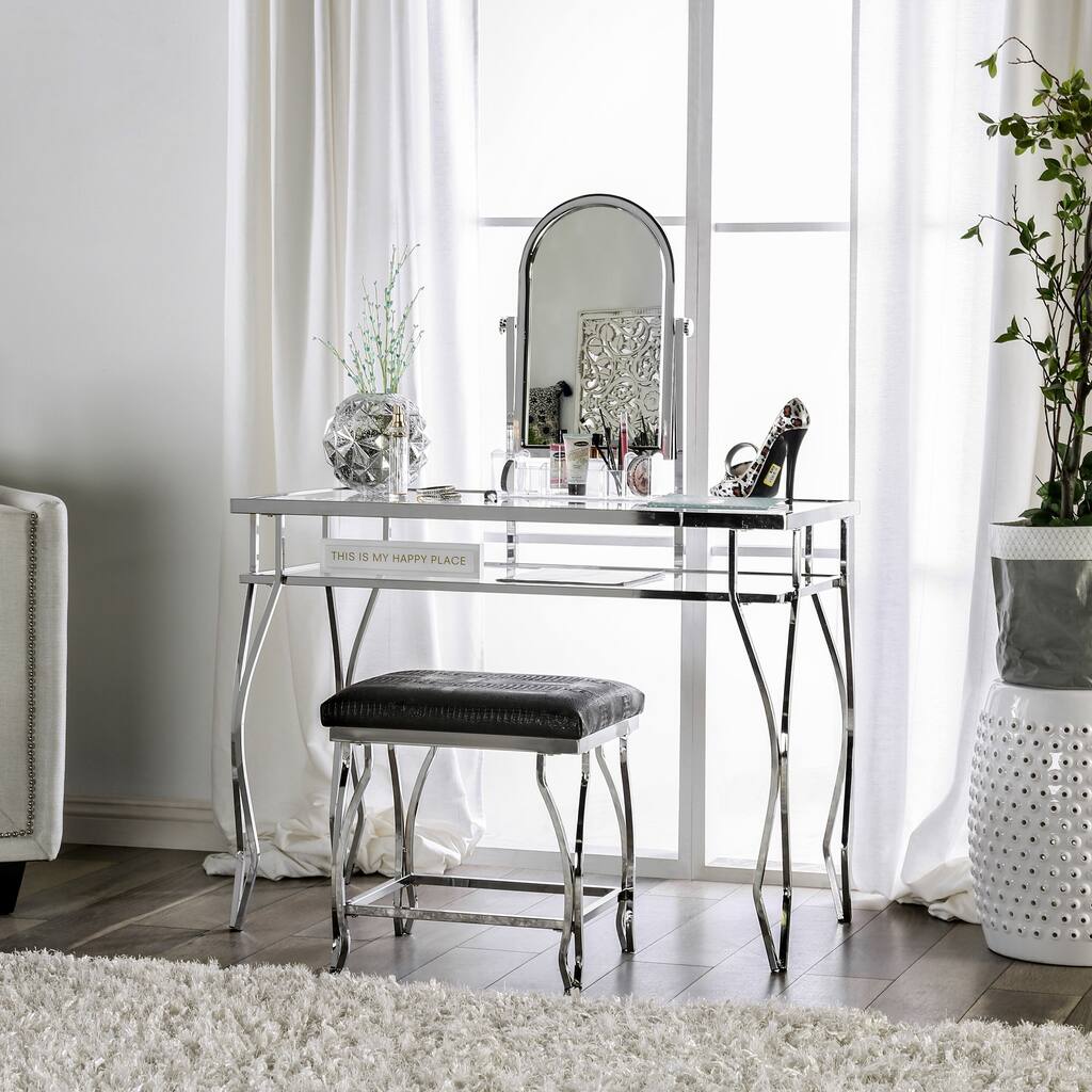 Mowe Contemporary Metal 3-Piece Makeup Vanity Set with Stool by Furniture of America