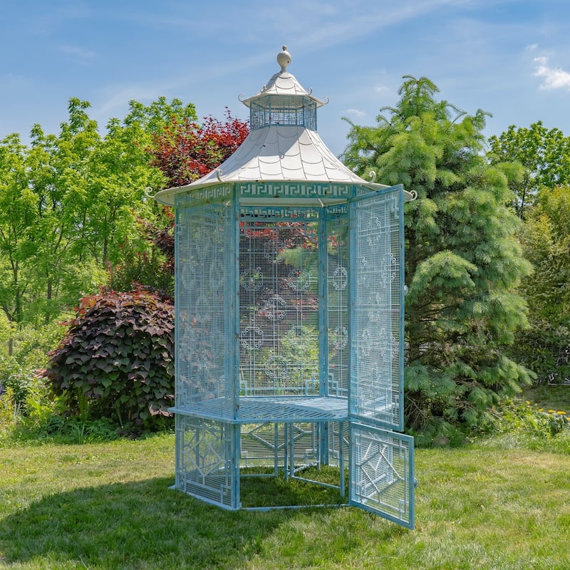 10 Foot Tall Asian-Inspired Iron Garden House Gazebo - 74.8" L x 74.8" W x 120.87" H - Light Blue