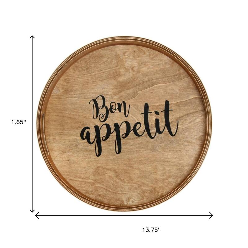 HomeRoots 14" Natural And Black Bon Appetit Round Serving Tray With Handles - 13.75 in. x 1.65 in. x 13.75 in.