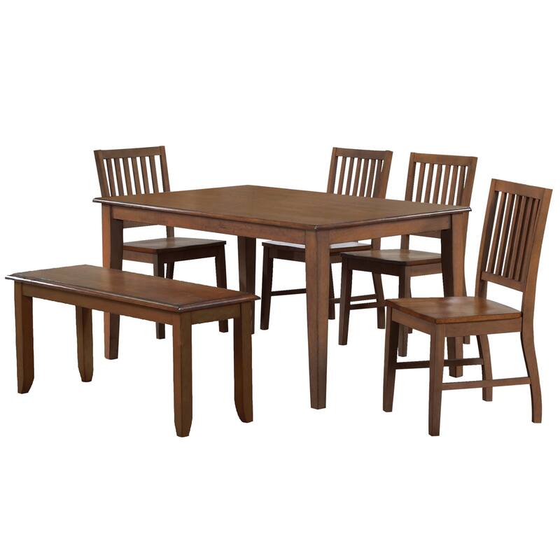 Rectangular Dining Set 6 Piece Solid Wood Table & Bench Seats 7 Amish Brown