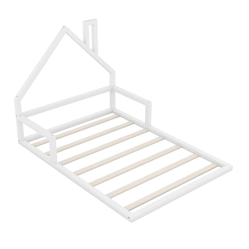 Full Size Wooden Floor Bed with House-Shaped Headboard, Sturdy Pine Frame