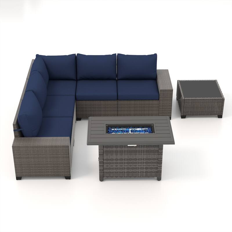 7-Piece 5 Person Patio Free Combination Wicker Conversation Set With Waterproof Cushions and Firepit Table