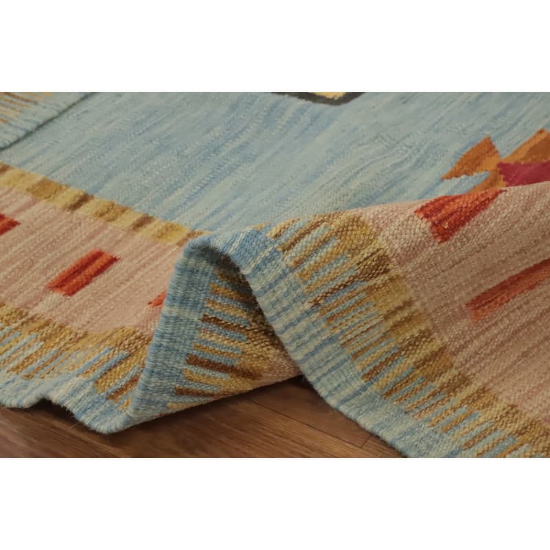 Hand Woven Oriental 100% Wool Carpet Southwestern Tribal Navy Blue & Blues Kilim Area Rug - 6' 6'' X 5' 2''