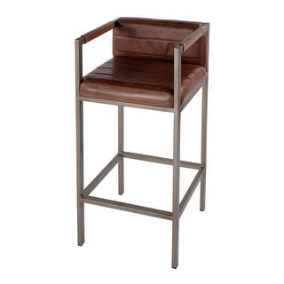 Dennis 31 in. Seat Height Leather and Iron Accent Stool with Low Back