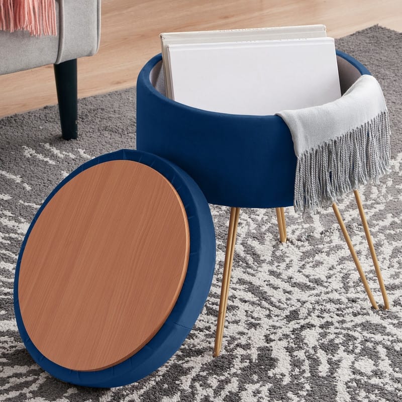 Round Velvet Storage Ottoman with Tray Top Table