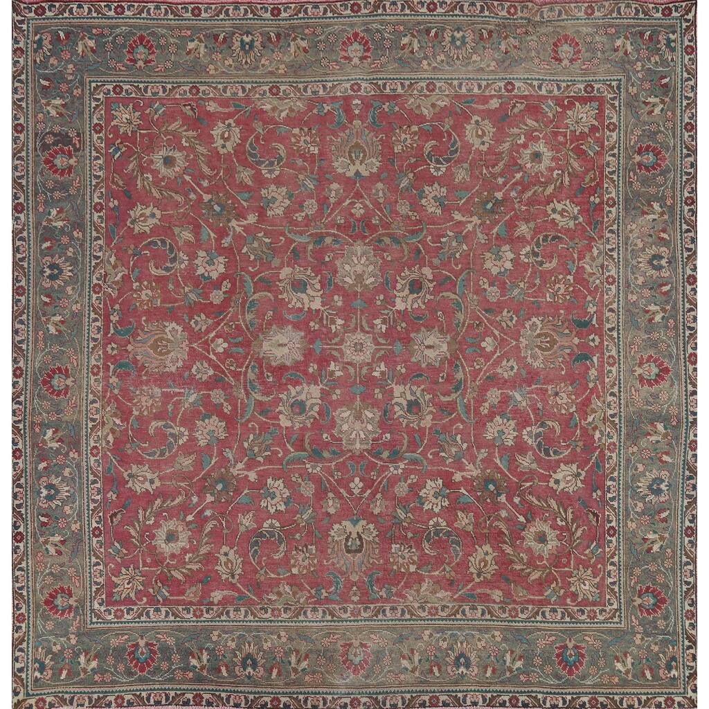 Floral Pink Tabriz Persian Square Vintage Rug Handmade Wool Carpet - 9'11"x 9'7"