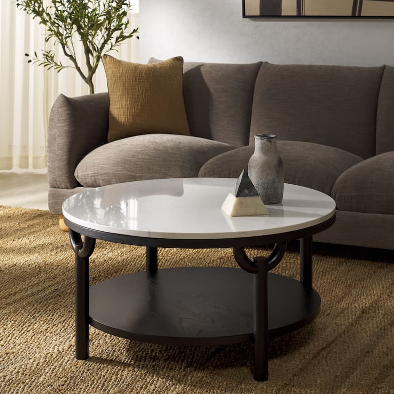 SAFAVIEH Couture Aive 2-Tier Marble Top Round Coffee Table - 35 In. W x 35 In. D x 17 In. H - 35"W x 35"D x 17"H - Black/White