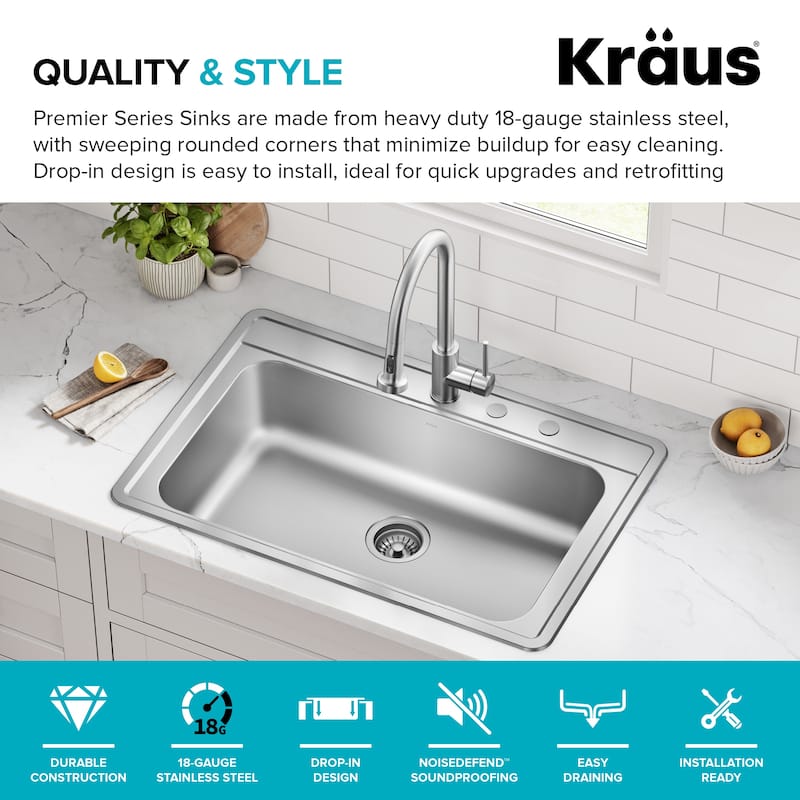 KRAUS Premier Drop In Top Mount 18 gauge Stainless Steel Kitchen Sink
