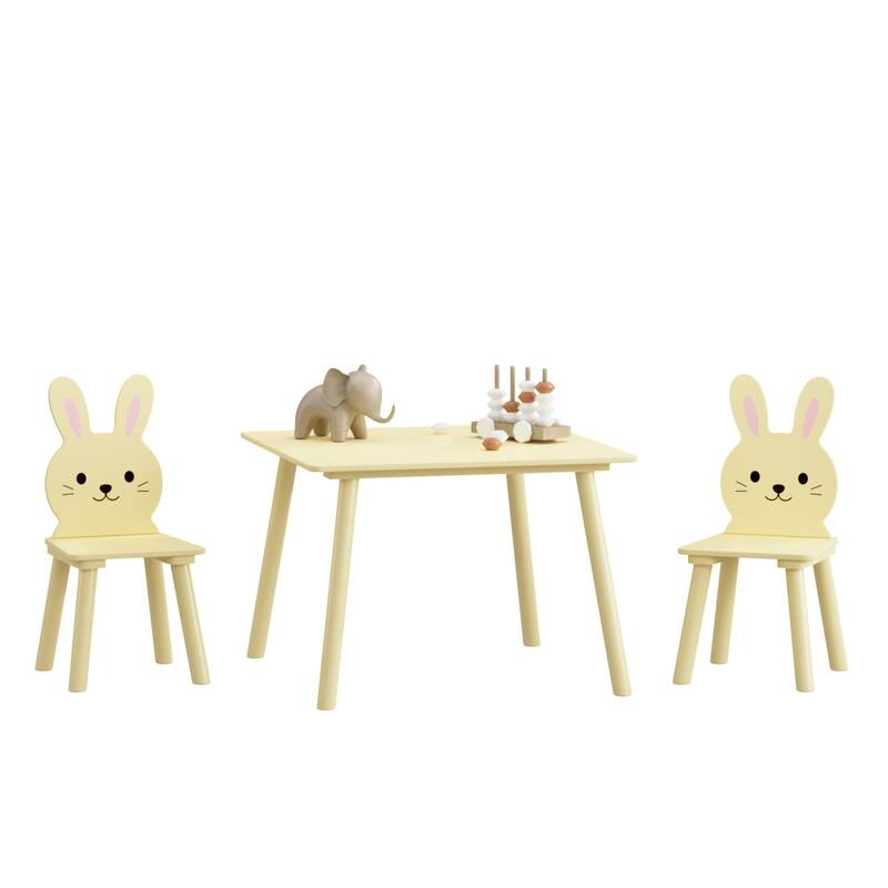 Anmytek Toddler 3-Piece Wooden Table and Chair Set Kids Activity Desk with Animal Backrest for Playroom Nursery