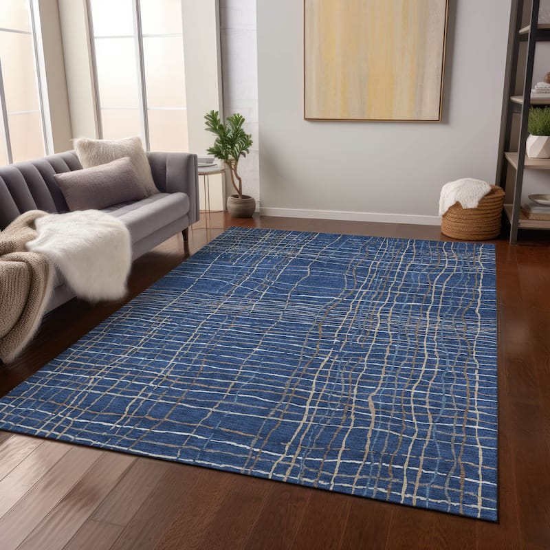 Machine Washable Indoor/ Outdoor Modern Century Chantille Rug - Navy - 9' x 12'