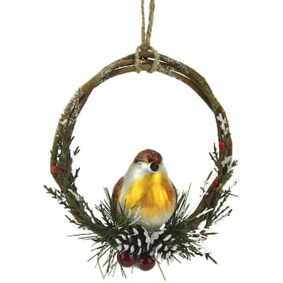 4" Brown Bird Sitting in a Twig Wreath Christmas Ornament