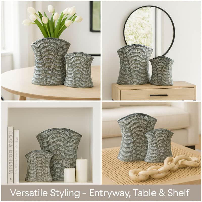 Set of Two Curved Cylinder Ceramic Vases Black and Gray Modern Home XL