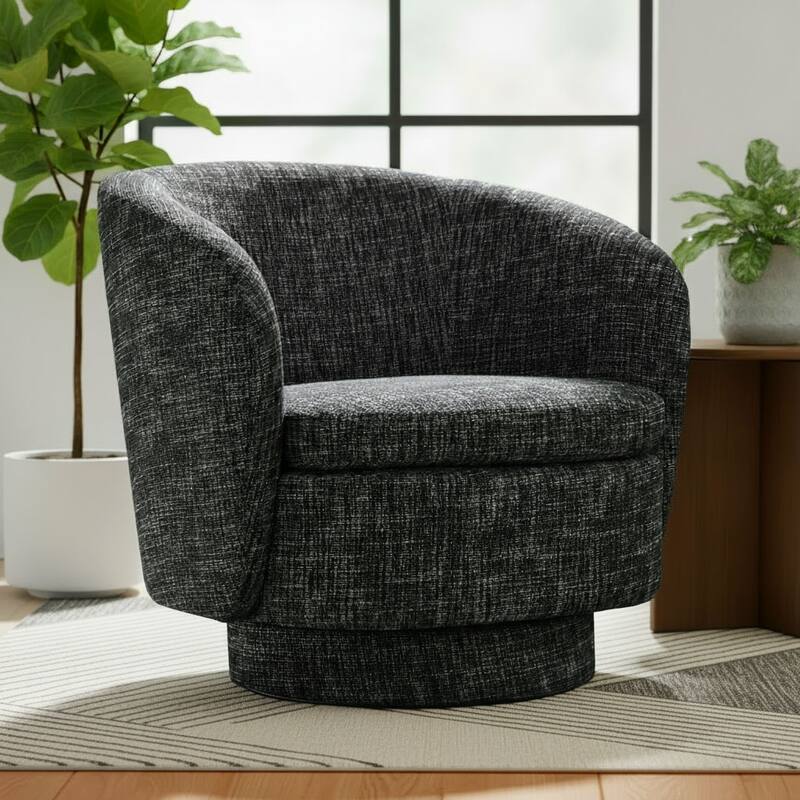Upholstered 360° Swivel Barrel Chair with Curved Backrest - Black