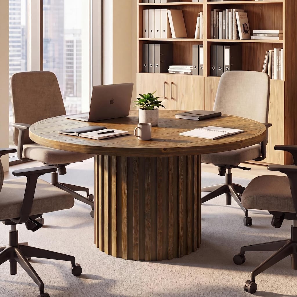 47" Round Solid Wood Conference Table for 4-6 with Thicken Tabletop and Sturdy Fluted Base