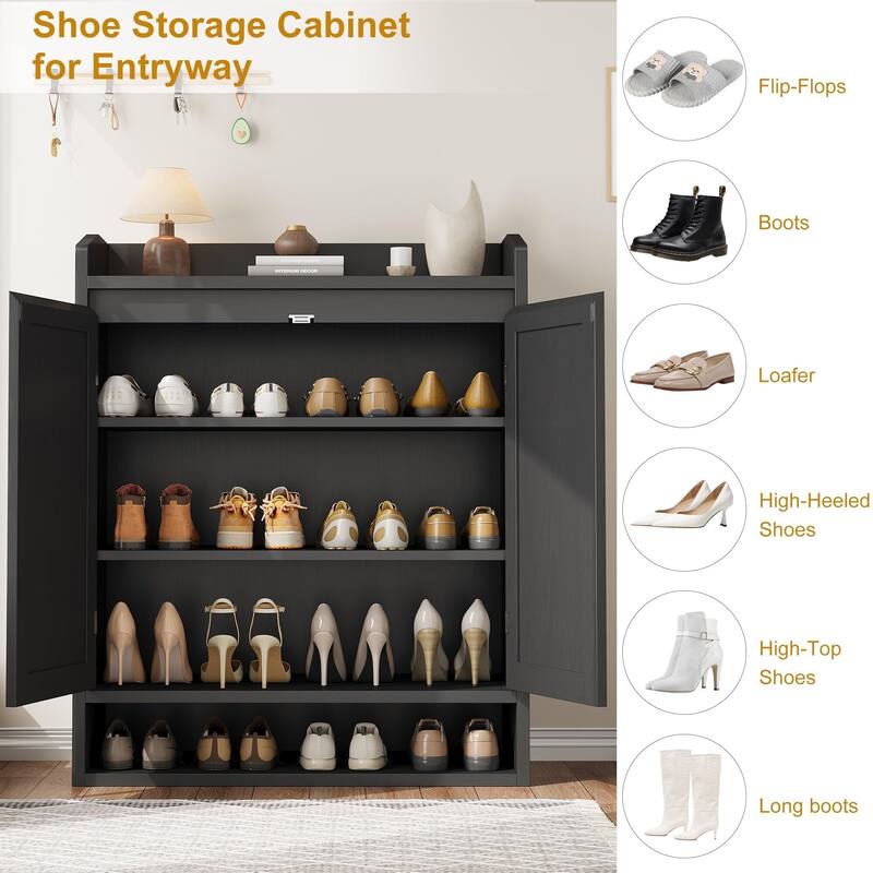 Rattan Shoe Cabinet with 2 Doors, 5-Tier Wooden Shoe Storage Organizer