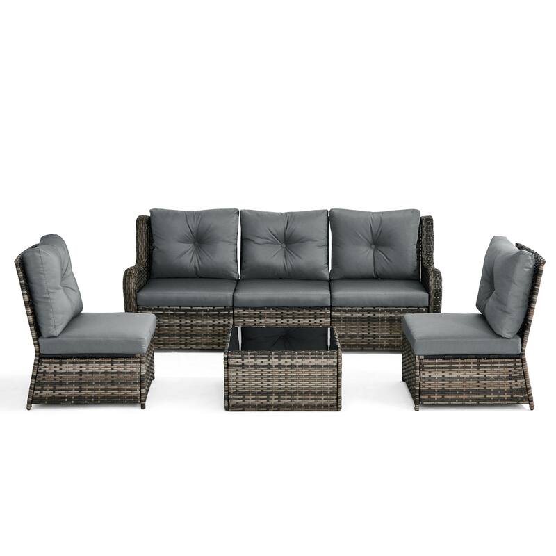 5-Person Outdoor Wicker Patio Conversation Sets with Table and Cushion