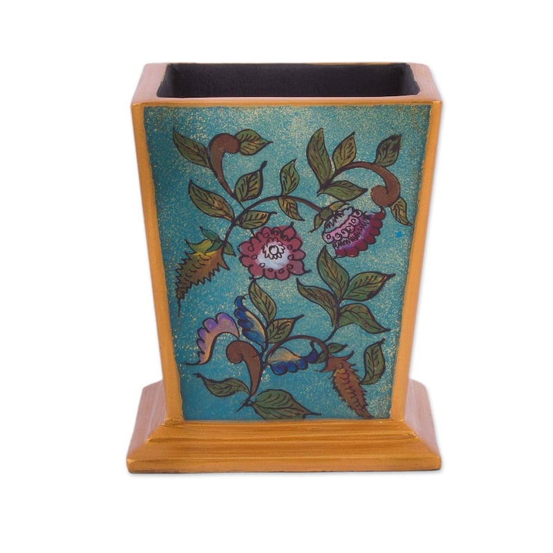 Handmade Flowering Companion Reverse-Painted Glass Pencil Holder (Peru) - 3.9" H x 3.3" W x 3.3" D