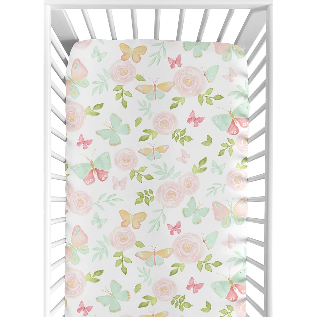 Sweet Jojo Designs Blush Pink, Mint and White Watercolor Rose Butterfly Floral Collection Fitted Crib Sheet