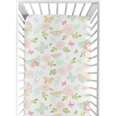 Sweet Jojo Designs Blush Pink, Mint and White Watercolor Rose Butterfly Floral Collection Fitted Crib Sheet