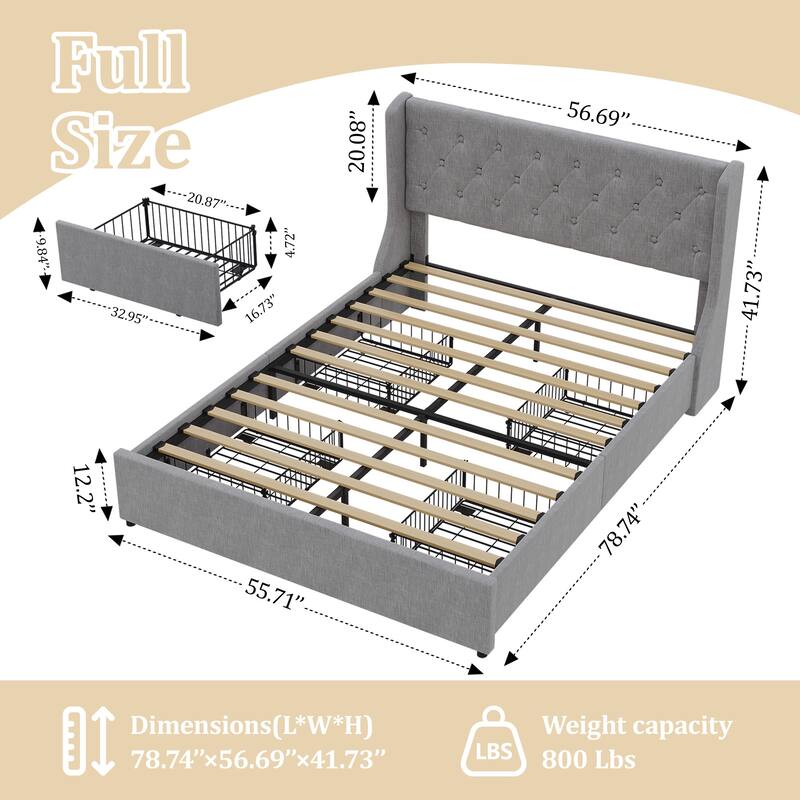 Full/Queen Size Bed Frame with 4 Drawers and Headboard,Button Tufted