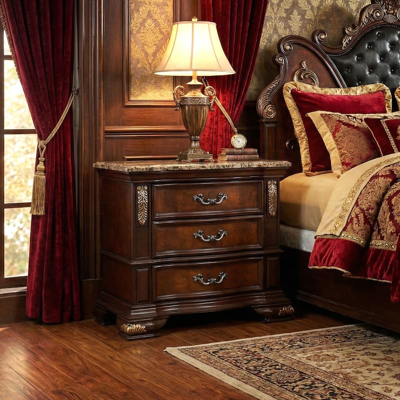 Furniture of America Cresswell Traditional Dark Cherry and Oak Stone Top 3-Drawer Nightstand - Dark Cherry