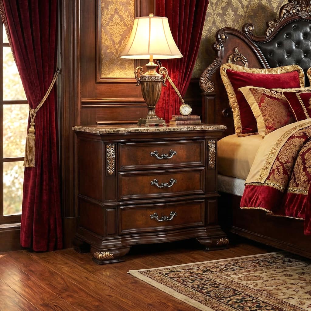 Furniture of America Cresswell Traditional Dark Cherry and Oak Stone Top 3-Drawer Nightstand