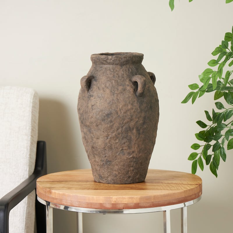 Dark Brown Ceramic Handmade Textured Vase with Handles - Dark Brown - 10"W, 15"H