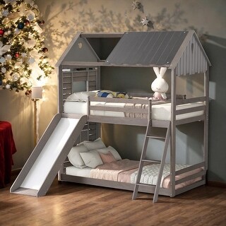 Twin Over Twin Bunk Bed Wood Bed with Roof, Window, Slide and Ladder ...