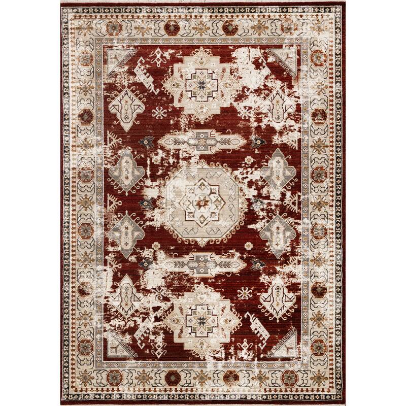 Sydney Collection - Red Cream Taupe Distressed Traditional Oriental Area Rug