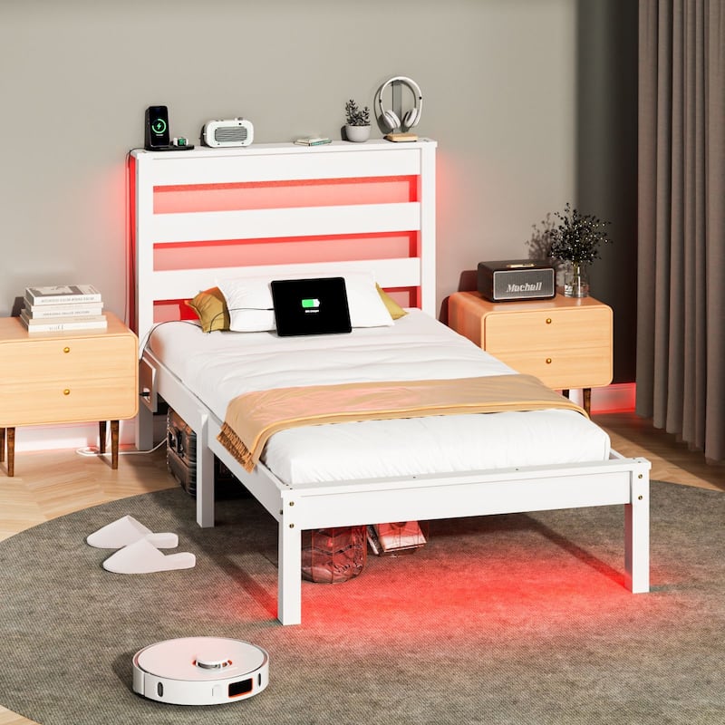 Twin Wood Bed Frame with Charging Station, Lighted Platform Bed, White - Twin - Twin/Shelf