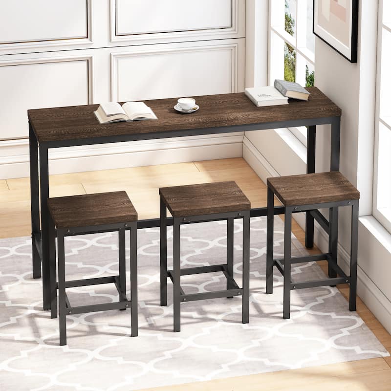 Long Dining Table Set with 3 Stools Pub Kitchen Set Side Table with Footrest