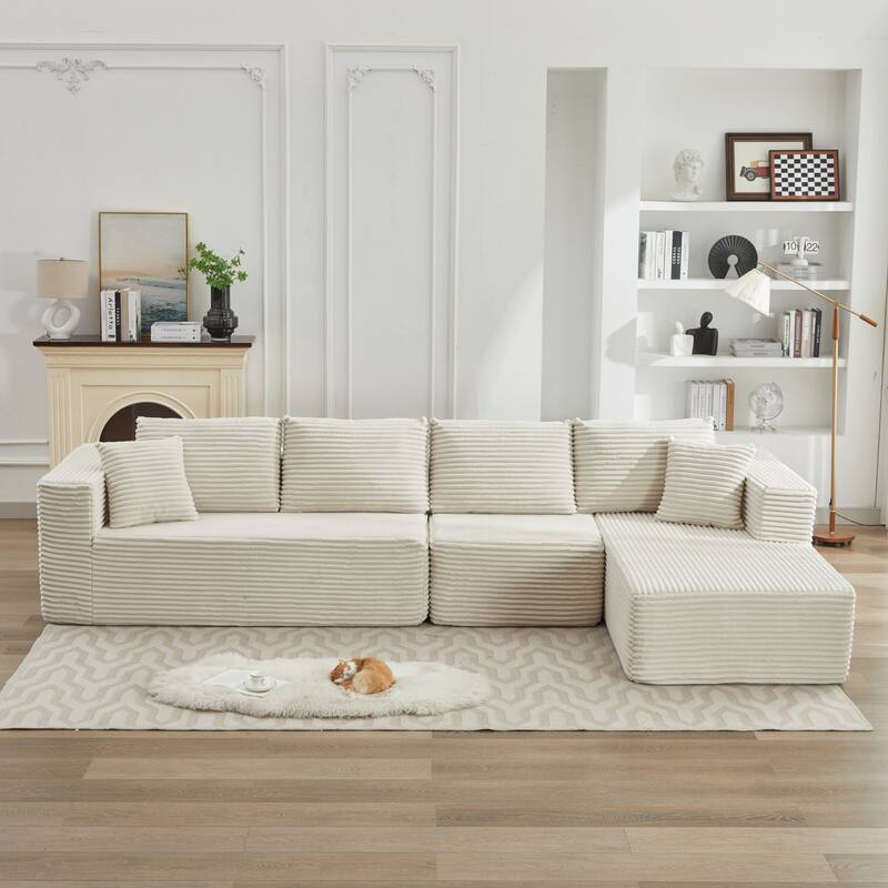 106" L-Shape Sectional Couch with Right Facing Chaise, Deep Seat Modern Sofa, Beige Corduroy, No Assembly