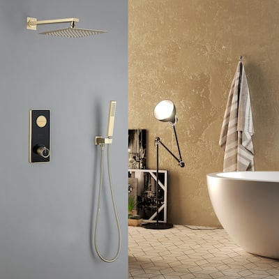 NSF Certified Square Thermostatic Rain Showerhead&High Pressure Handheld with Silicone Nozzle&SALT Spray Tested, Black/Gold
