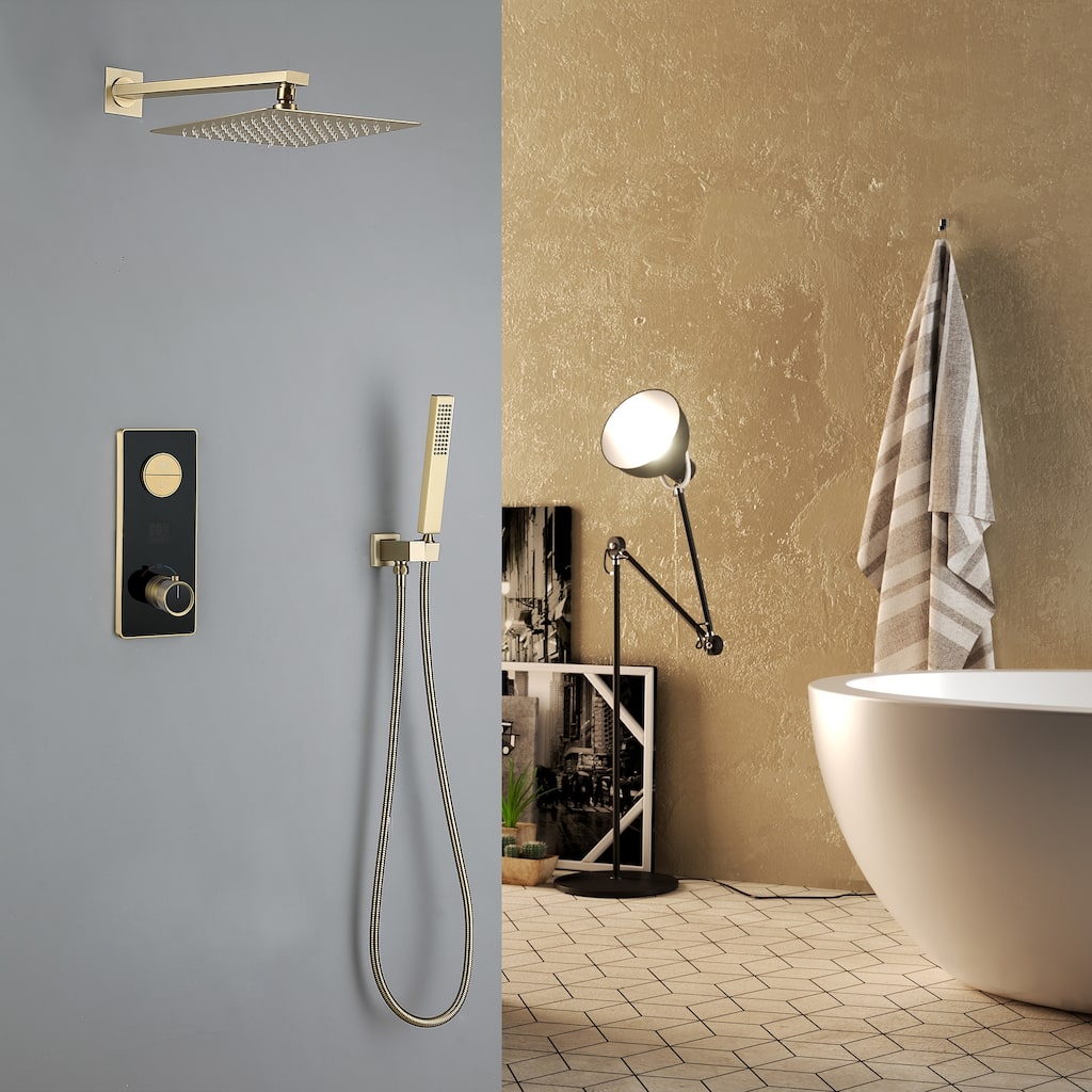 NSF Certified Square Thermostatic Rain Showerhead&High Pressure Handheld with Silicone Nozzle&SALT Spray Tested, Black/Gold
