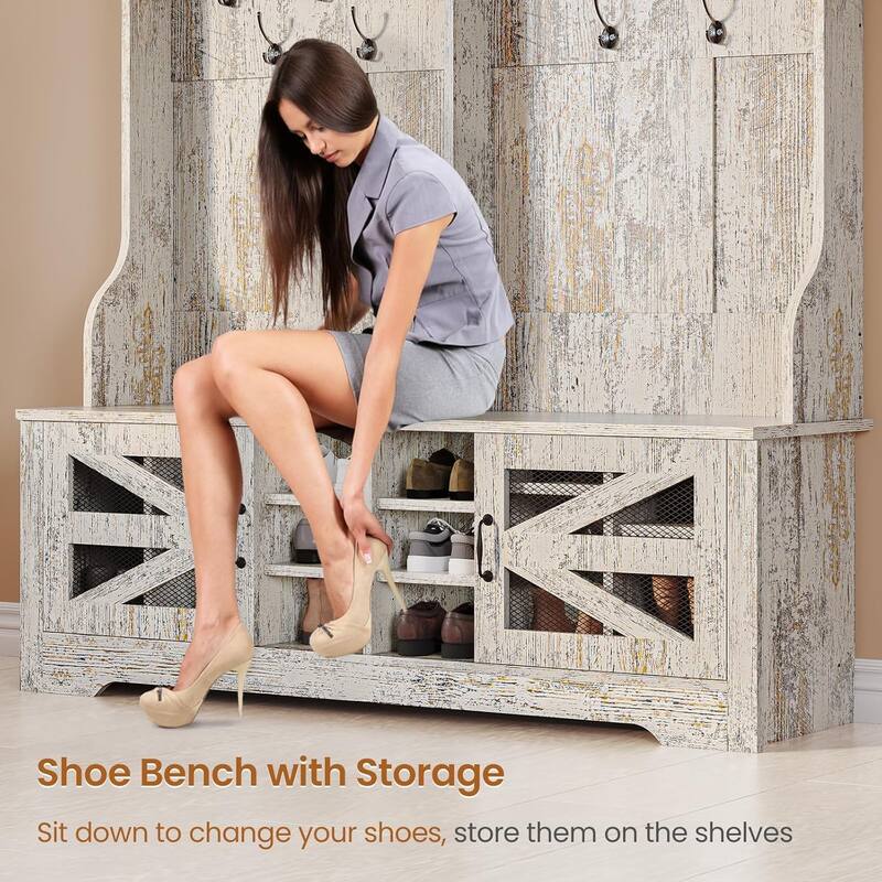Hall Tree w/ Bench Shoe Storage Shoe Cubby Barn Door Adjustable Shelf