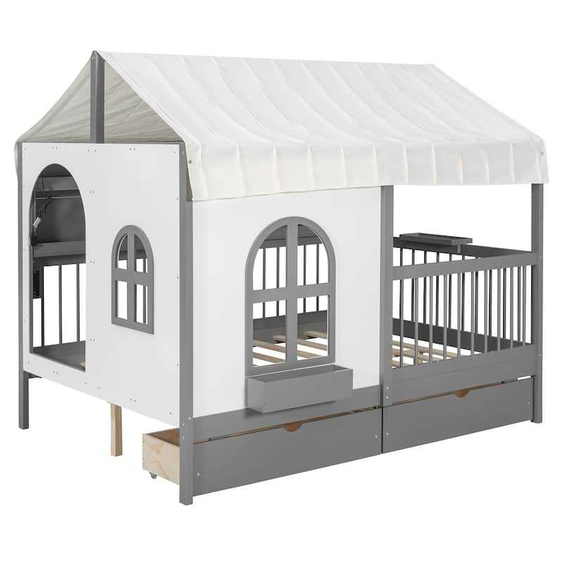 Full Size House Bed Wood Platform Bed with Tent and 21.7 inch Rail, LED Kids Bed with 2 Drawers Side Bookshelf Integrated Socket