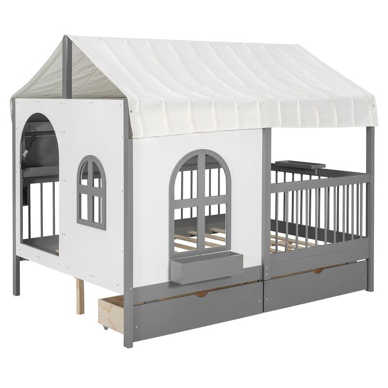 Full-Size House Bed with Bookshelf, USB Charging Station & Tent Roof by Harper&Bright Designs