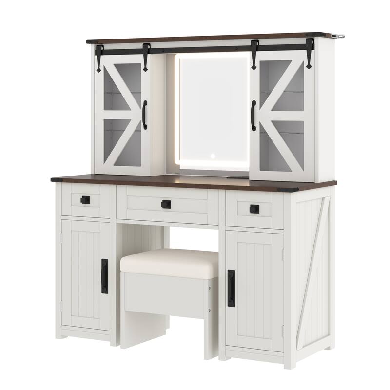 Vanity Desk with Lighted Mirror, Storage Stool & Charging Station, Dressing Table with Hidden Shelves, 3 Drawers & 4 Cabinets