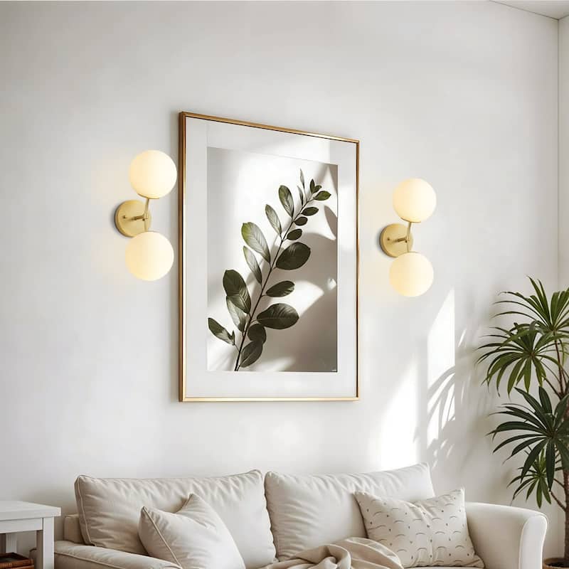2-Light Modern Metal & Glass Wall Sconce with Two-Globe Shades for Bedroom & Living Room - 1 Light