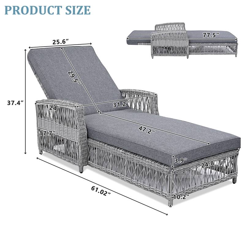 Anmytek Adjustable Wicker Outdoor Chaise Lounge with Gray Cushions and Armrests