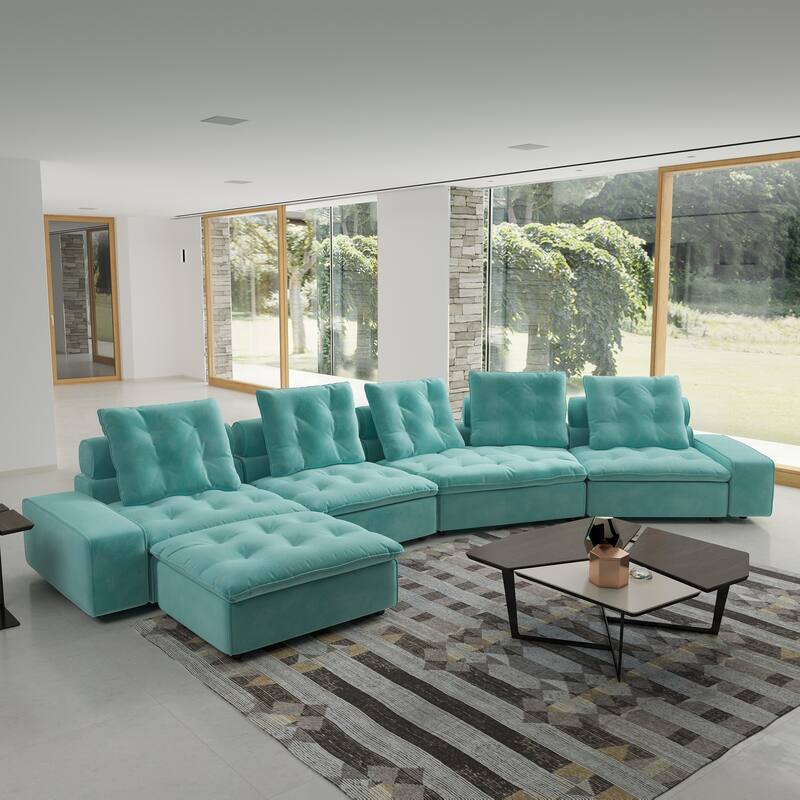 211.77" Down Filled Curved Sectional Sofa Oversized 4 Seater with Ottoman for Living Room Set - Tiffany Blue