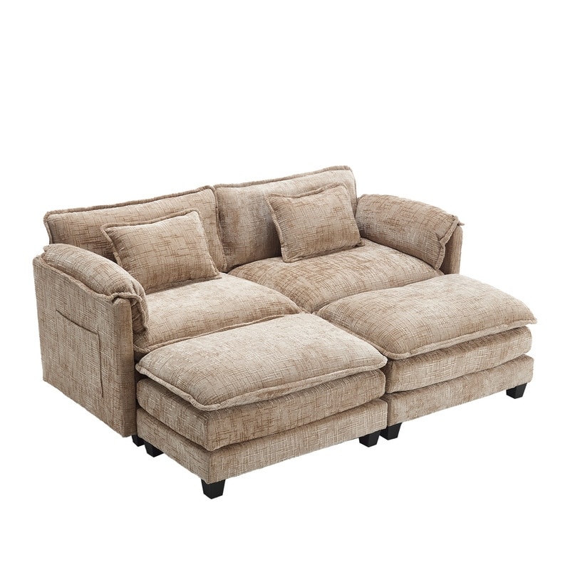 76.77" Chenille Upholstered Sofa with 2 Ottomans