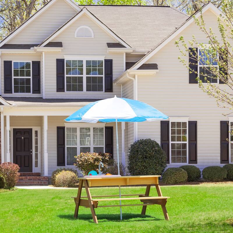 Wooden Kids Picnic Table, Sand and Water Table with Umbrella, Activity Table for Outdoor Backyard Patio Play
