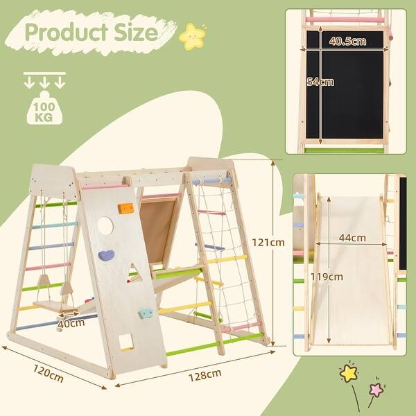 EROMMY Indoor Jungle Gym for Toddlers, 9-in-1 Wooden Climbing Set with Slide, Swing, Rock Wall, and Monkey Bars - Macaron