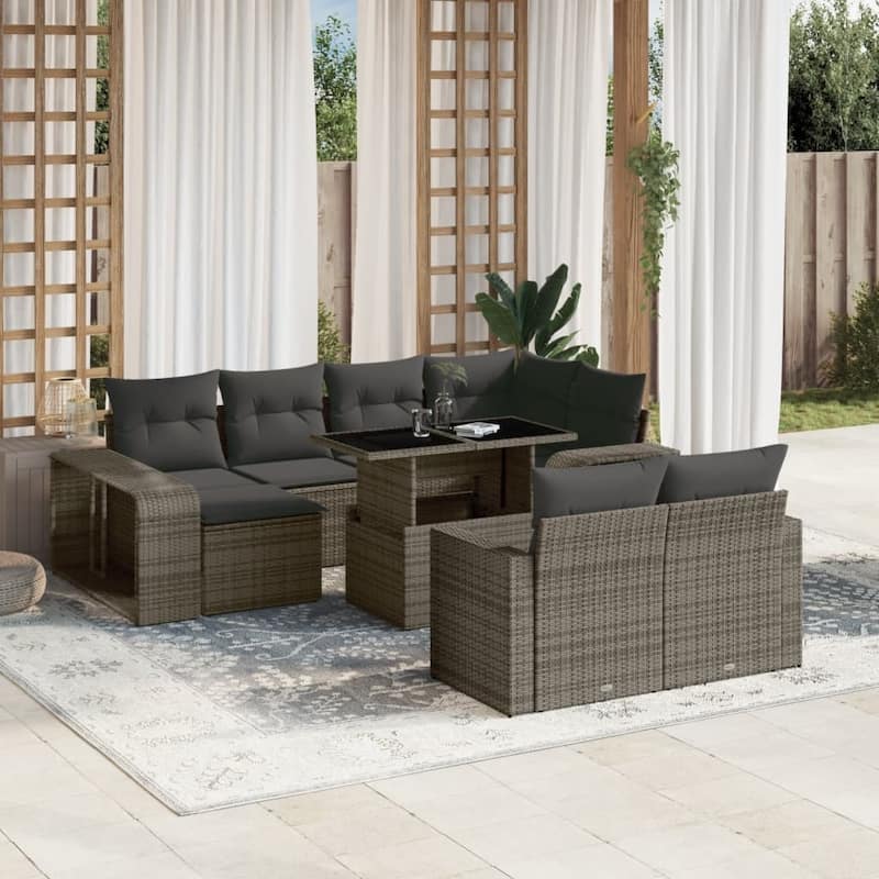 vidaXL Patio Sofa Set with Cushions Outdoor Furniture 11 Piece Poly Rattan - 21.7 x 39.4 x 28.7 in - Grey - glass