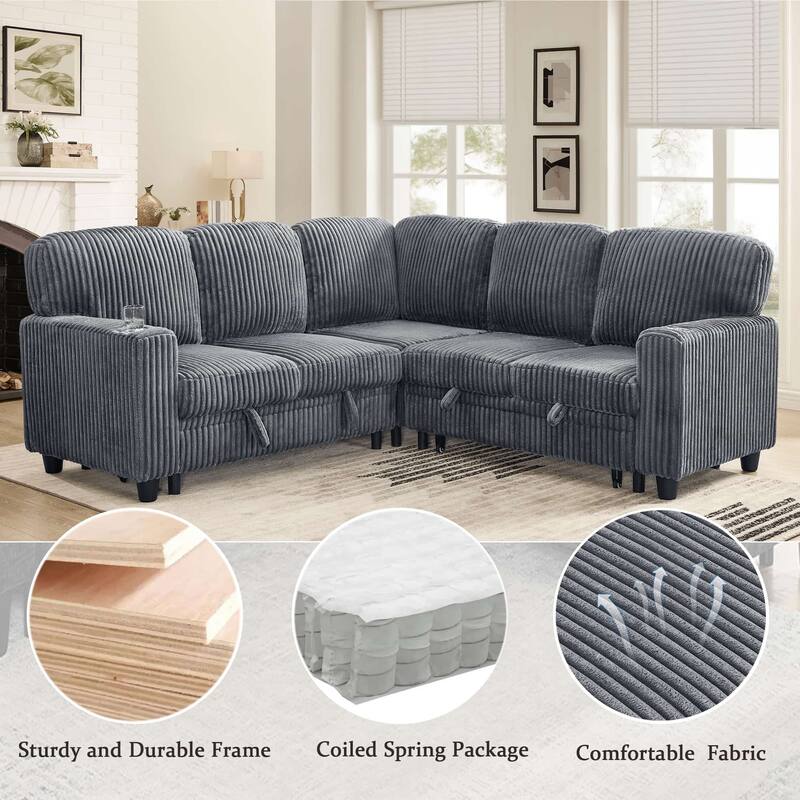 5-Seat Corduroy Storage Sectional Sofa Sleeper Couch with Pull-Out Bed